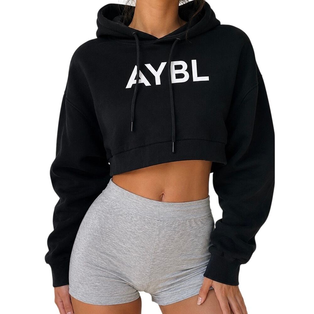 AYBL Cropped Hoodie Black Gym Girl Athleisure Sweatshirt Small
